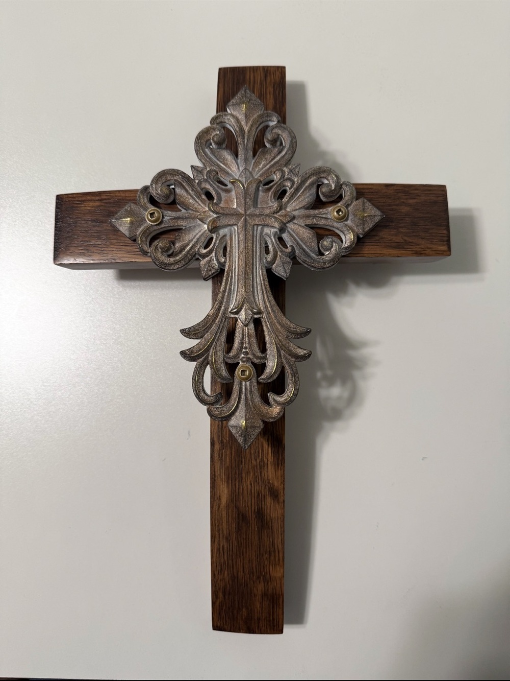 Decorative Wooden Wall Cross with Ornate Bronze Accent